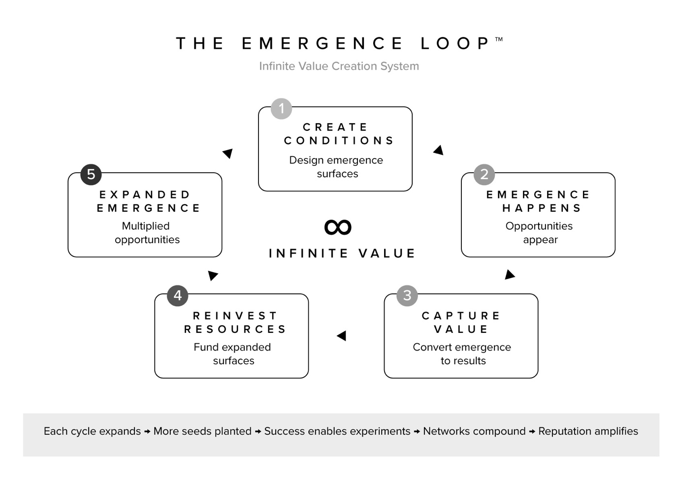 The Emergence Loop showing the cycle from creating conditions to capturing value and reinvesting into expanded emergence.