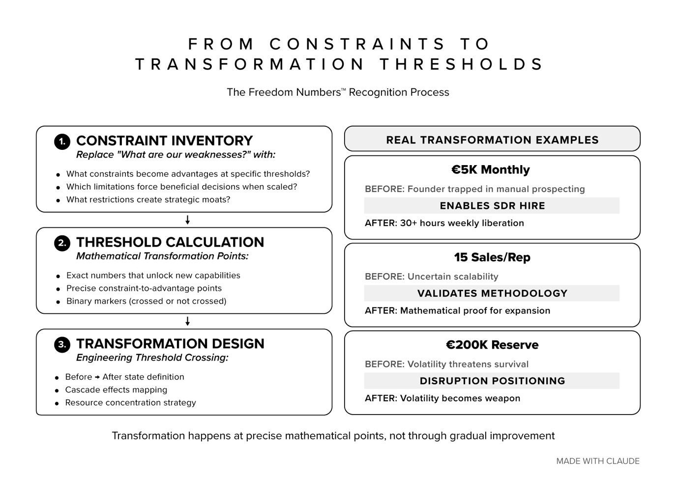 threshold recognition framework showing three step process from constraint inventory to threshold calculation to transformation design